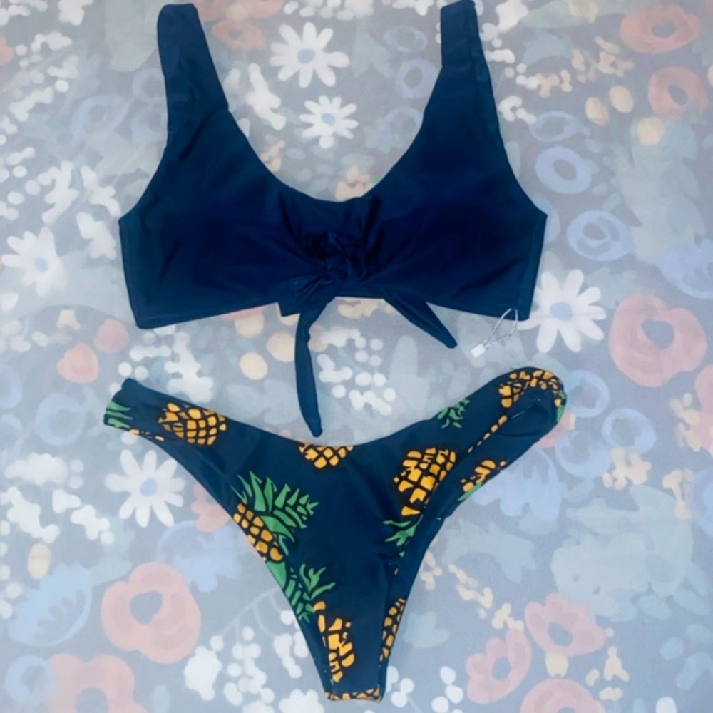 Navy blue size small pineapple bikini top and underwear bathing suit